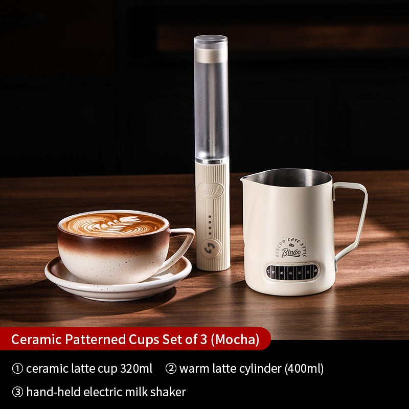 BINCOO Ceramic Cup Coffee Mug Professional Latte Art Cup Embossed Mug Tasting Cup with Milk Frother