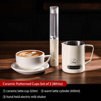 BINCOO Ceramic Cup Coffee Mug Professional Latte Art Cup Embossed Mug Tasting Cup with Milk Frother