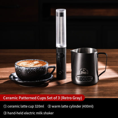 BINCOO Ceramic Cup Coffee Mug Professional Latte Art Cup Embossed Mug Tasting Cup with Milk Frother