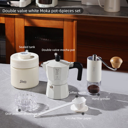 BINCOO Double-Valve Moka Pot Italian Coffee Maker Home Portable Mini Espresso Machine Set Coffee Grinder Bundle Coffee Equipment Set 2Cups