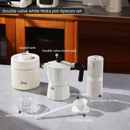 BINCOO Double-Valve Moka Pot Italian Coffee Maker Home Portable Mini Espresso Machine Set Coffee Grinder Bundle Coffee Equipment Set 2Cups