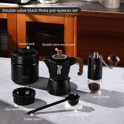 BINCOO Double-Valve Moka Pot Italian Coffee Maker Home Portable Mini Espresso Machine Set Coffee Grinder Bundle Coffee Equipment Set 2Cups