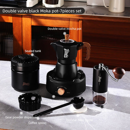BINCOO Double-Valve Moka Pot Italian Coffee Maker Home Portable Mini Espresso Machine Set Coffee Grinder Bundle Coffee Equipment Set 2Cups