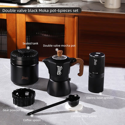 BINCOO Double-Valve Moka Pot Italian Coffee Maker Home Portable Mini Espresso Machine Set Coffee Grinder Bundle Coffee Equipment Set 2Cups