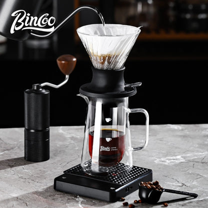 BINCOO Smart Cup V60 Glass Twist Spiral Coffee Filter Pour-Over Coffee Maker Double-Wall Glass Sharing Pot Manual Coffee Grinder Set