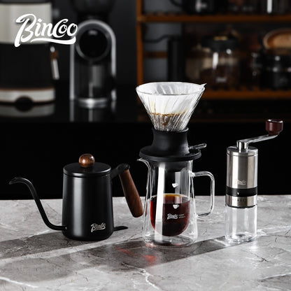 BINCOO Smart Cup V60 Glass Twist Spiral Coffee Filter Pour-Over Coffee Maker Double-Wall Glass Sharing Pot Manual Coffee Grinder Set