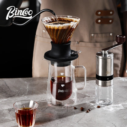 BINCOO Smart Cup V60 Glass Twist Spiral Coffee Filter Pour-Over Coffee Maker Double-Wall Glass Sharing Pot Manual Coffee Grinder Set