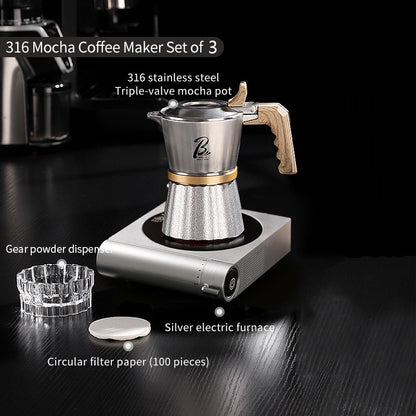 BINCOO Three-Valve 316 Stainless Steel Moka Pot Home Use Stovetop Coffee Maker Set Italian Espresso Pot with Grinder Set 2Cups