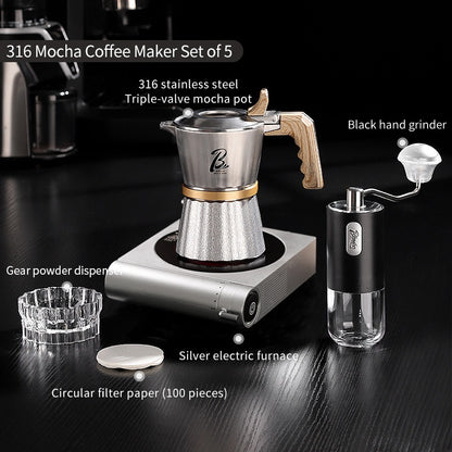BINCOO Three-Valve 316 Stainless Steel Moka Pot Home Use Stovetop Coffee Maker Set Italian Espresso Pot with Grinder Set 2Cups