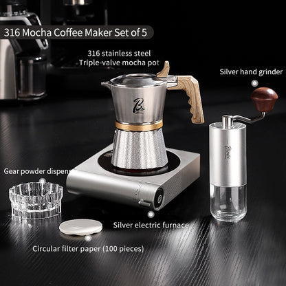 BINCOO Three-Valve 316 Stainless Steel Moka Pot Home Use Stovetop Coffee Maker Set Italian Espresso Pot with Grinder Set 2Cups