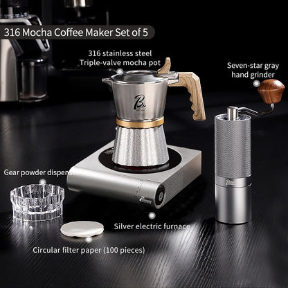 BINCOO Three-Valve 316 Stainless Steel Moka Pot Home Use Stovetop Coffee Maker Set Italian Espresso Pot with Grinder Set 2Cups