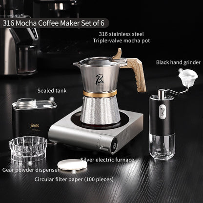 BINCOO Three-Valve 316 Stainless Steel Moka Pot Home Use Stovetop Coffee Maker Set Italian Espresso Pot with Grinder Set 2Cups