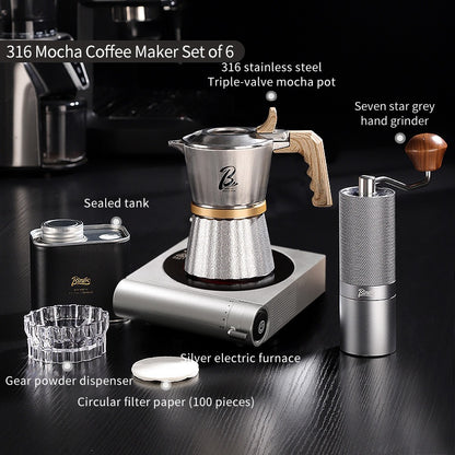 BINCOO Three-Valve 316 Stainless Steel Moka Pot Home Use Stovetop Coffee Maker Set Italian Espresso Pot with Grinder Set 2Cups