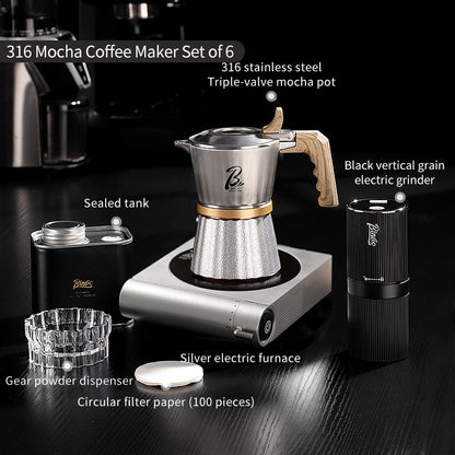 BINCOO Three-Valve 316 Stainless Steel Moka Pot Home Use Stovetop Coffee Maker Set Italian Espresso Pot with Grinder Set 2Cups