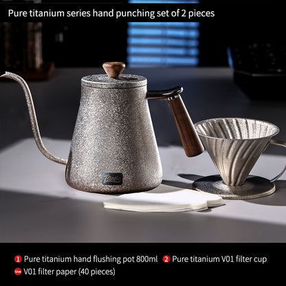 BINCOO Pure Titanium Pour-Over Coffee Pot with Drip Filter Cup Home Use Long Spout Kettle Outdoor Espresso Coffee Set 800ML