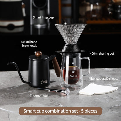 BINCOO Smart Cup V60 Glass Twist Spiral Coffee Filter Pour-Over Coffee Maker Double-Wall Glass Sharing Pot Manual Coffee Grinder Set