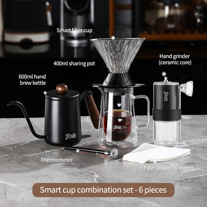 BINCOO Smart Cup V60 Glass Twist Spiral Coffee Filter Pour-Over Coffee Maker Double-Wall Glass Sharing Pot Manual Coffee Grinder Set