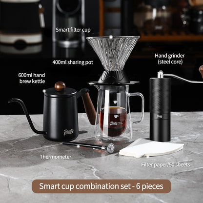 BINCOO Smart Cup V60 Glass Twist Spiral Coffee Filter Pour-Over Coffee Maker Double-Wall Glass Sharing Pot Manual Coffee Grinder Set