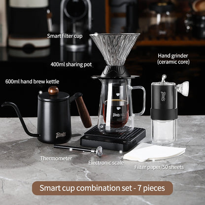 BINCOO Smart Cup V60 Glass Twist Spiral Coffee Filter Pour-Over Coffee Maker Double-Wall Glass Sharing Pot Manual Coffee Grinder Set