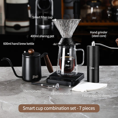BINCOO Smart Cup V60 Glass Twist Spiral Coffee Filter Pour-Over Coffee Maker Double-Wall Glass Sharing Pot Manual Coffee Grinder Set