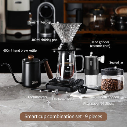 BINCOO Smart Cup V60 Glass Twist Spiral Coffee Filter Pour-Over Coffee Maker Double-Wall Glass Sharing Pot Manual Coffee Grinder Set