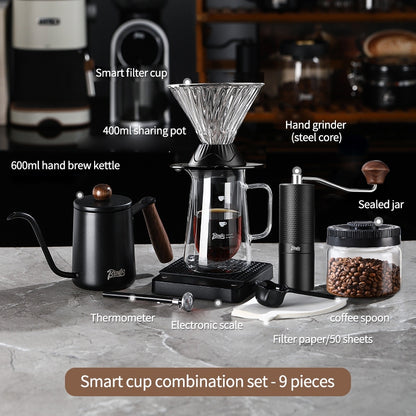 BINCOO Smart Cup V60 Glass Twist Spiral Coffee Filter Pour-Over Coffee Maker Double-Wall Glass Sharing Pot Manual Coffee Grinder Set