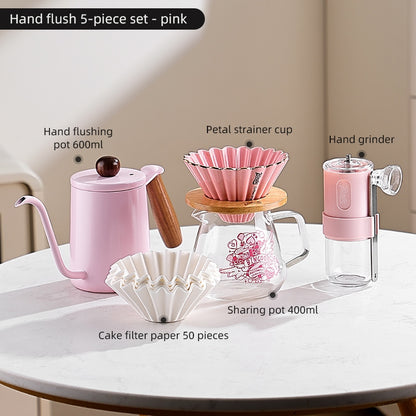BINCOO Pink Hand Brewing Coffee Set with Manual Grinder Home Coffee Maker Compact Complete Pour-Over Coffee Set