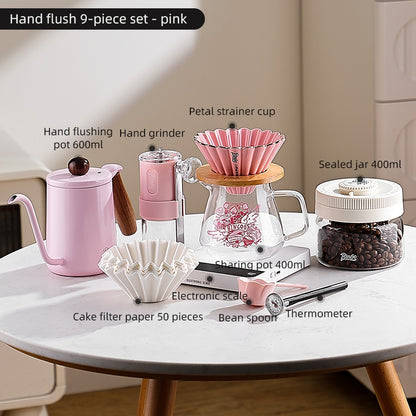 BINCOO Pink Hand Brewing Coffee Set with Manual Grinder Home Coffee Maker Compact Complete Pour-Over Coffee Set