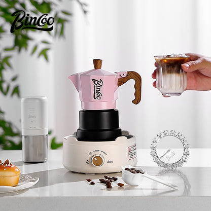 BINCOO Three-Valve Moka Pot with Electric Ceramic Stove Heating Home Espresso Coffee Maker with Grinder Set Ideal for Office, Outdoor, and Travel Use 2Cups/1Cup