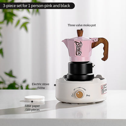 BINCOO Three-Valve Moka Pot with Electric Ceramic Stove Heating Home Espresso Coffee Maker with Grinder Set Ideal for Office, Outdoor, and Travel Use 2Cups/1Cup