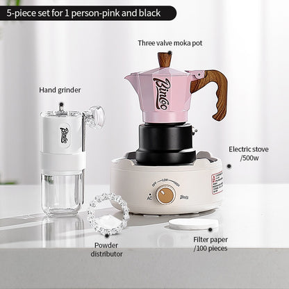 BINCOO Three-Valve Moka Pot with Electric Ceramic Stove Heating Home Espresso Coffee Maker with Grinder Set Ideal for Office, Outdoor, and Travel Use 2Cups/1Cup