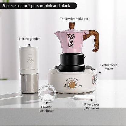 BINCOO Three-Valve Moka Pot with Electric Ceramic Stove Heating Home Espresso Coffee Maker with Grinder Set Ideal for Office, Outdoor, and Travel Use 2Cups/1Cup
