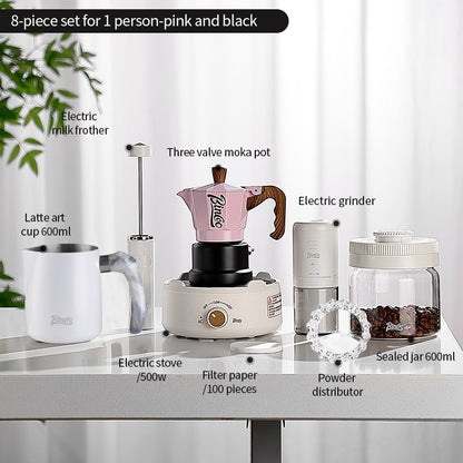 BINCOO Three-Valve Moka Pot with Electric Ceramic Stove Heating Home Espresso Coffee Maker with Grinder Set Ideal for Office, Outdoor, and Travel Use 2Cups/1Cup