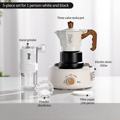 BINCOO Three-Valve Moka Pot with Electric Ceramic Stove Heating Home Espresso Coffee Maker with Grinder Set Ideal for Office, Outdoor, and Travel Use 2Cups/1Cup