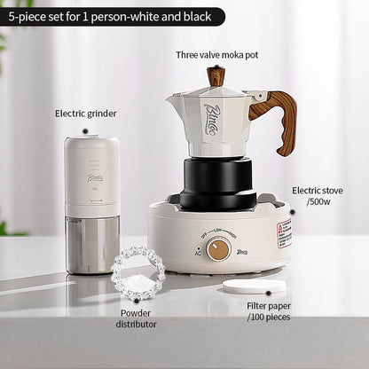 BINCOO Three-Valve Moka Pot with Electric Ceramic Stove Heating Home Espresso Coffee Maker with Grinder Set Ideal for Office, Outdoor, and Travel Use 2Cups/1Cup