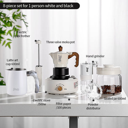 BINCOO Three-Valve Moka Pot with Electric Ceramic Stove Heating Home Espresso Coffee Maker with Grinder Set Ideal for Office, Outdoor, and Travel Use 2Cups/1Cup