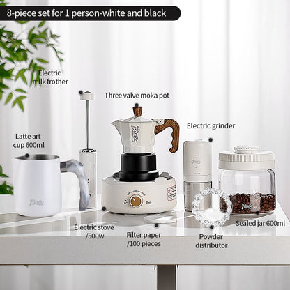BINCOO Three-Valve Moka Pot with Electric Ceramic Stove Heating Home Espresso Coffee Maker with Grinder Set Ideal for Office, Outdoor, and Travel Use 2Cups/1Cup