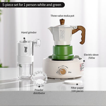 BINCOO Three-Valve Moka Pot with Electric Ceramic Stove Heating Home Espresso Coffee Maker with Grinder Set Ideal for Office, Outdoor, and Travel Use 2Cups/1Cup
