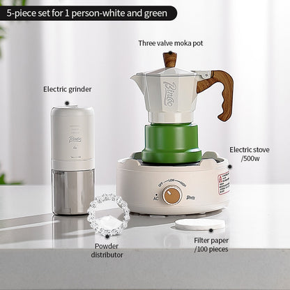 BINCOO Three-Valve Moka Pot with Electric Ceramic Stove Heating Home Espresso Coffee Maker with Grinder Set Ideal for Office, Outdoor, and Travel Use 2Cups/1Cup