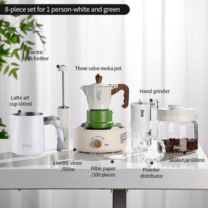 BINCOO Three-Valve Moka Pot with Electric Ceramic Stove Heating Home Espresso Coffee Maker with Grinder Set Ideal for Office, Outdoor, and Travel Use 2Cups/1Cup