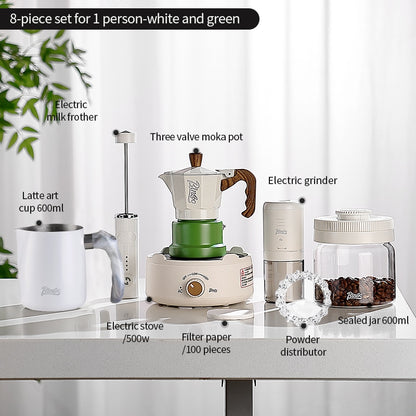 BINCOO Three-Valve Moka Pot with Electric Ceramic Stove Heating Home Espresso Coffee Maker with Grinder Set Ideal for Office, Outdoor, and Travel Use 2Cups/1Cup