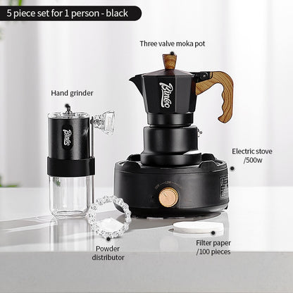 BINCOO Three-Valve Moka Pot with Electric Ceramic Stove Heating Home Espresso Coffee Maker with Grinder Set Ideal for Office, Outdoor, and Travel Use 2Cups/1Cup