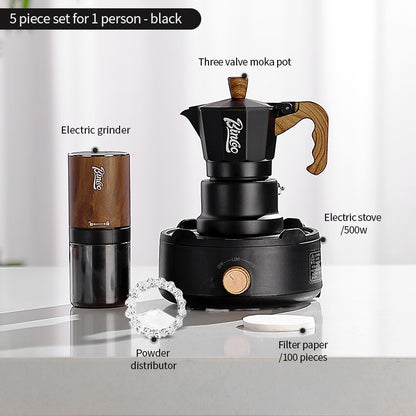 BINCOO Three-Valve Moka Pot with Electric Ceramic Stove Heating Home Espresso Coffee Maker with Grinder Set Ideal for Office, Outdoor, and Travel Use 2Cups/1Cup