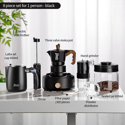 BINCOO Three-Valve Moka Pot with Electric Ceramic Stove Heating Home Espresso Coffee Maker with Grinder Set Ideal for Office, Outdoor, and Travel Use 2Cups/1Cup