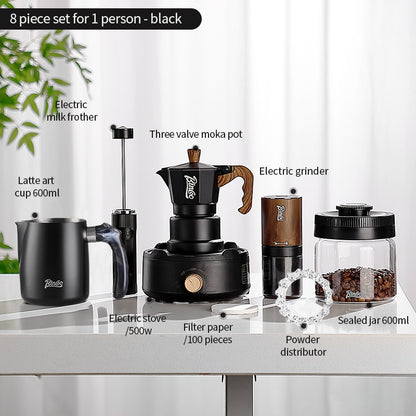 BINCOO Three-Valve Moka Pot with Electric Ceramic Stove Heating Home Espresso Coffee Maker with Grinder Set Ideal for Office, Outdoor, and Travel Use 2Cups/1Cup