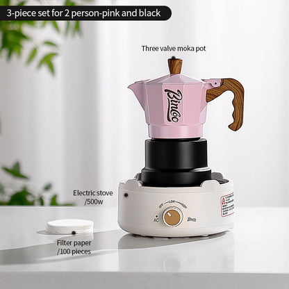 BINCOO Three-Valve Moka Pot with Electric Ceramic Stove Heating Home Espresso Coffee Maker with Grinder Set Ideal for Office, Outdoor, and Travel Use 2Cups/1Cup