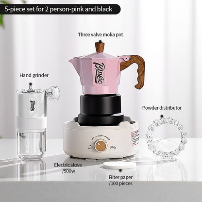 BINCOO Three-Valve Moka Pot with Electric Ceramic Stove Heating Home Espresso Coffee Maker with Grinder Set Ideal for Office, Outdoor, and Travel Use 2Cups/1Cup