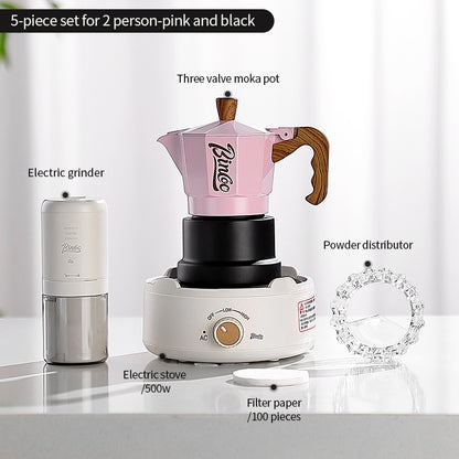 BINCOO Three-Valve Moka Pot with Electric Ceramic Stove Heating Home Espresso Coffee Maker with Grinder Set Ideal for Office, Outdoor, and Travel Use 2Cups/1Cup