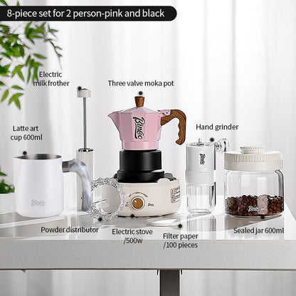 BINCOO Three-Valve Moka Pot with Electric Ceramic Stove Heating Home Espresso Coffee Maker with Grinder Set Ideal for Office, Outdoor, and Travel Use 2Cups/1Cup
