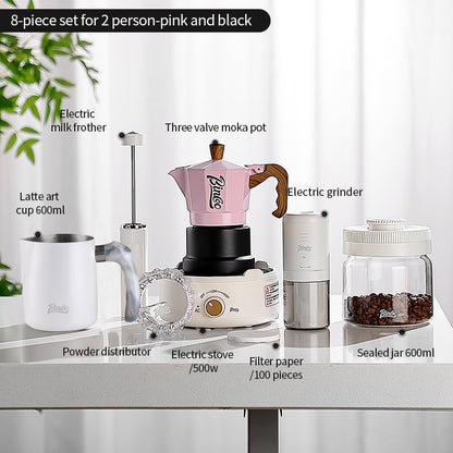 BINCOO Three-Valve Moka Pot with Electric Ceramic Stove Heating Home Espresso Coffee Maker with Grinder Set Ideal for Office, Outdoor, and Travel Use 2Cups/1Cup